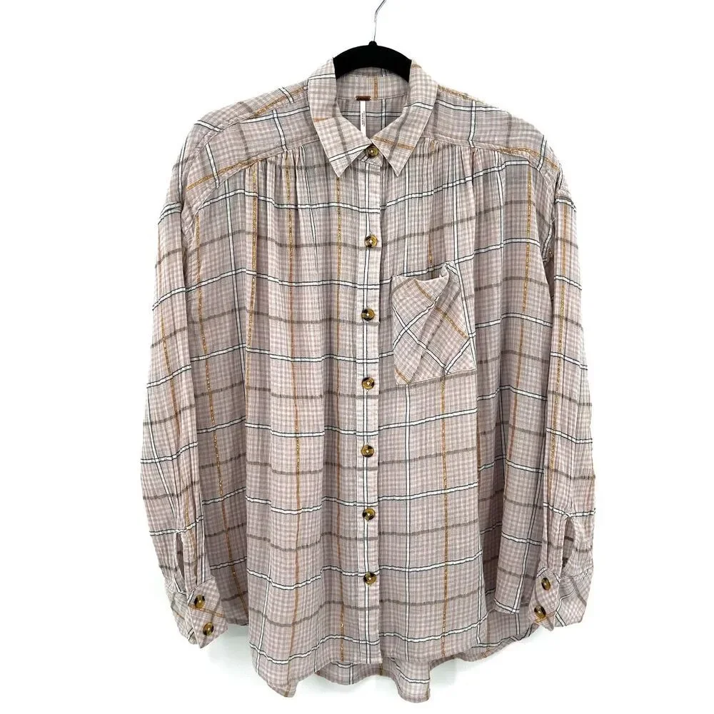 FREE PEOPLE Pink Rose Gold Metallic Plaid Oversized Gauzy Button Up Shirt XS
